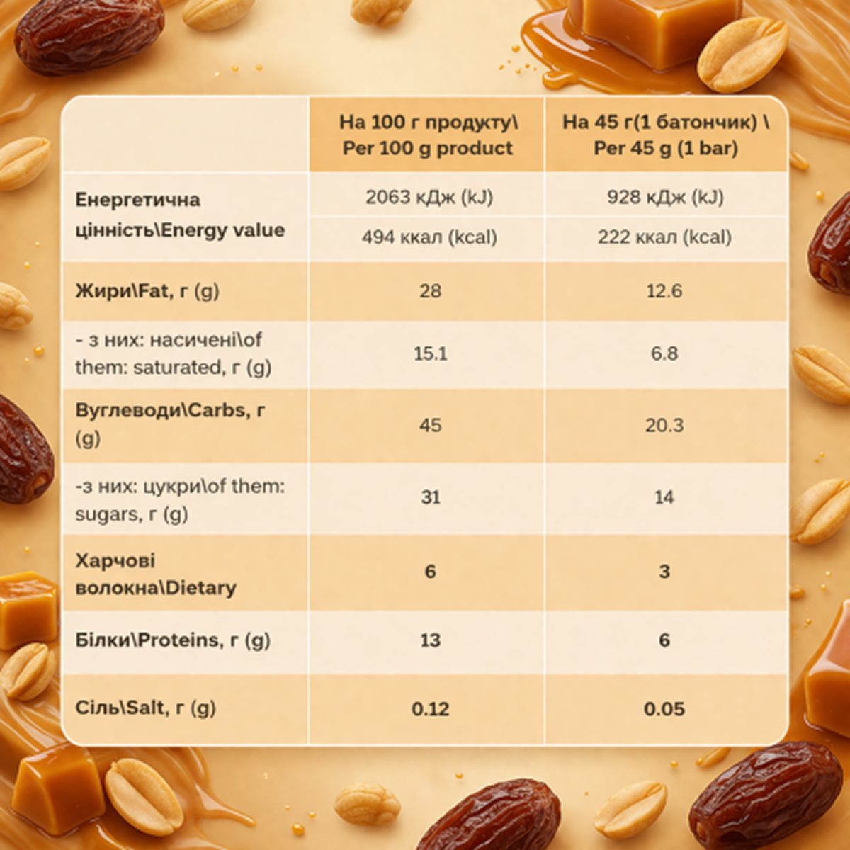 Bar - 12x45g Dates Caramel Peanuts - Зображення 2