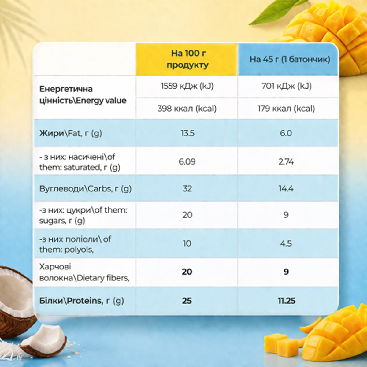Protein Bar - 12x45g Mango Coconut - Зображення 2